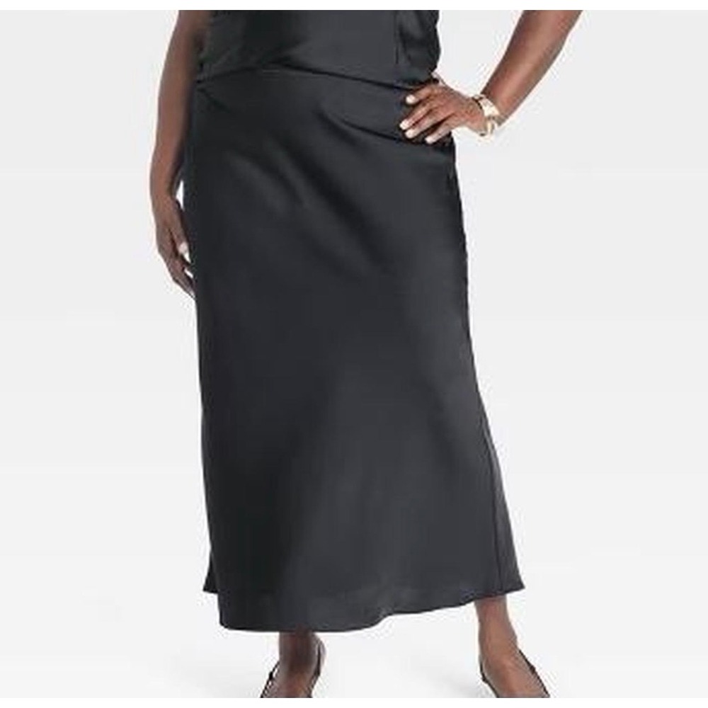 A New Day Black Satin Midi Slip Skirt Plus Size 4X Minimalist Work Concert